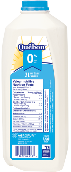 Québon Lait écrémé 2L plastique